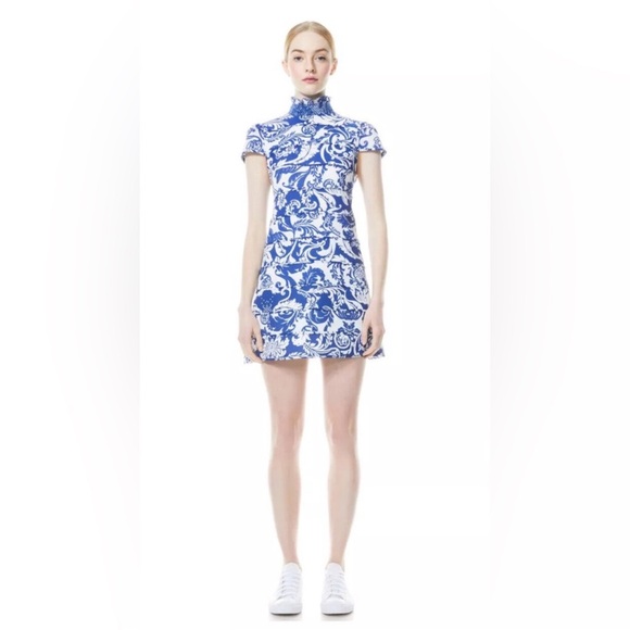 Alice & Olivia Blue & White Floral Karisse Mock Neck Mini Dress 4 - Picture 11 of 12